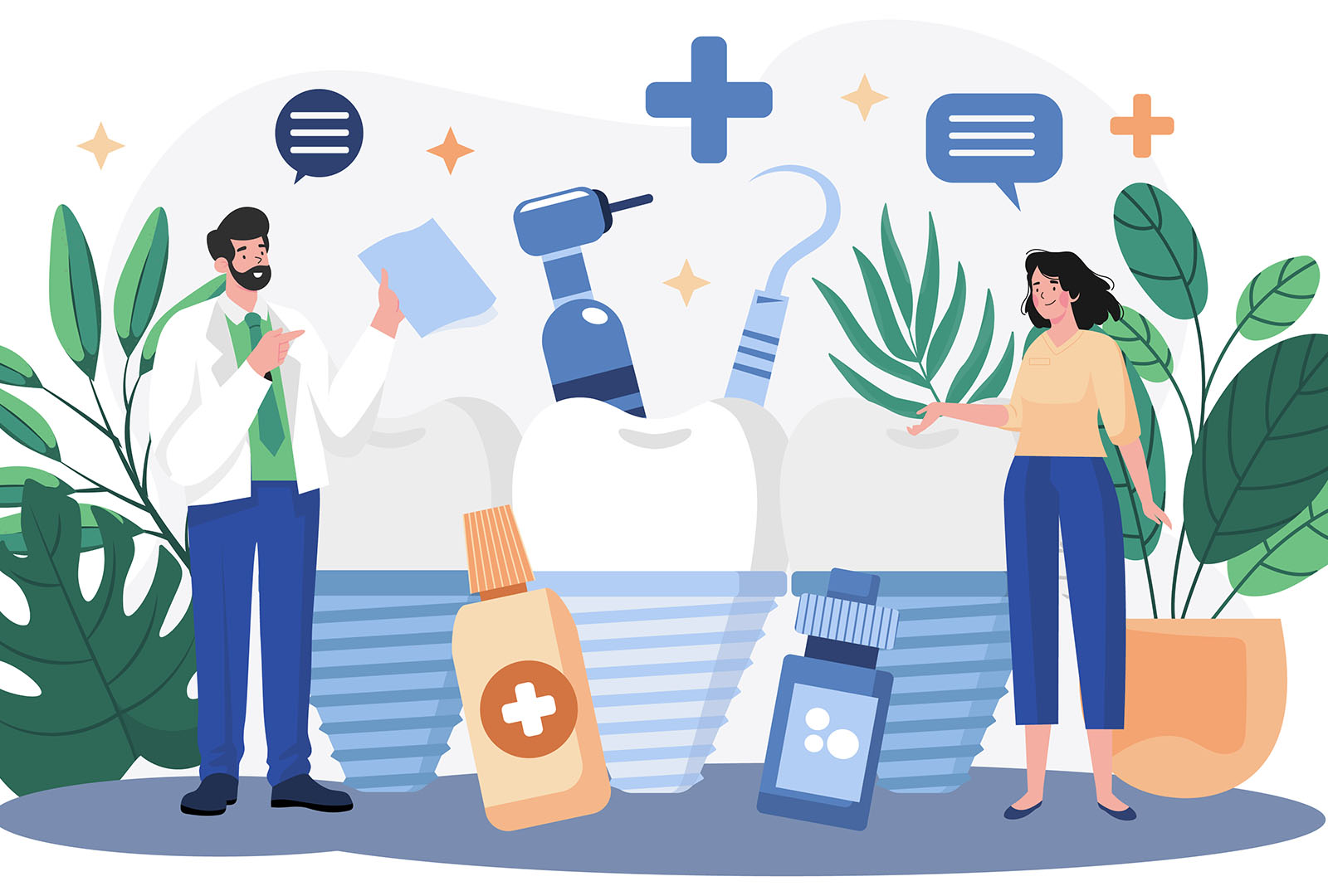 Illustration of dental professionals discussing lease and practice management, representing The Good Leasing Guidelines educational program.